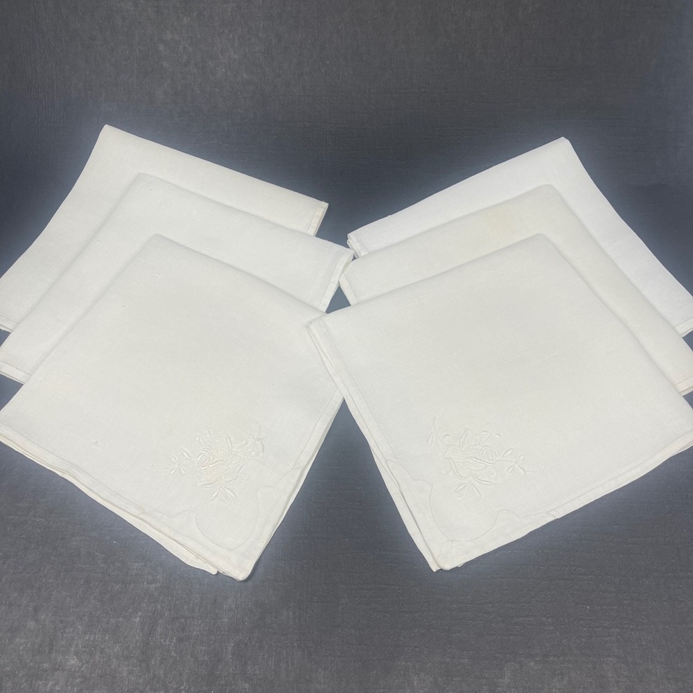 Vintage White Linen Dinner Napkins Set 6 Madeira Style Embroidered Floral 16x16